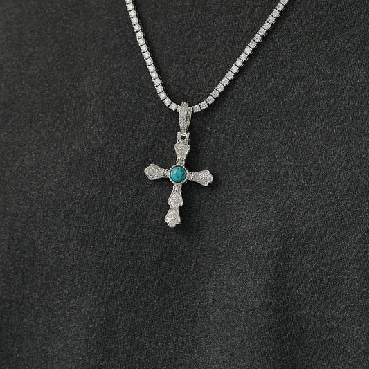 Turquoise Western Cross Pendant in White Gold